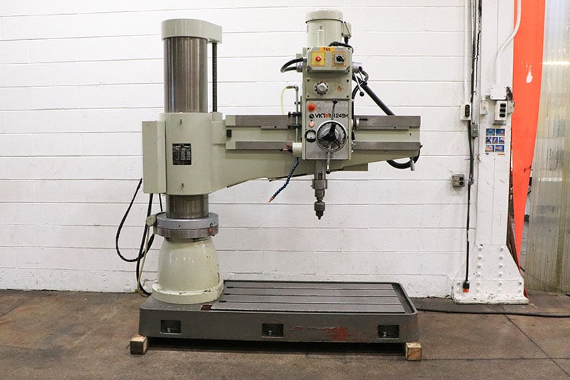 4' -12" Victor #1249H, radial drill, 56-1450 RPM, power clamp & elevation, #5MT, T-Slotted base, 5 HP, 2015