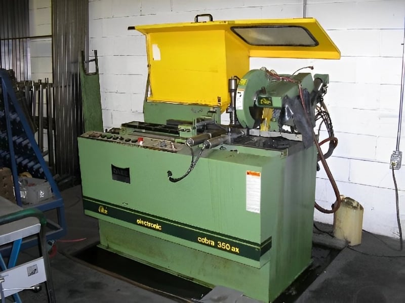 14" Dake #COBRA-350AX, cold saw, 1700/3400 RPM, 7" vice opening, 6-1/4" feeder vise opening, 23" feeder
