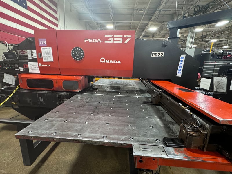 30 Ton, Amada #Pega-357, turret punch, 58 station, 2 automatic index, 4.5" hole, 350 SPM, Fanuc 04PC, 2001