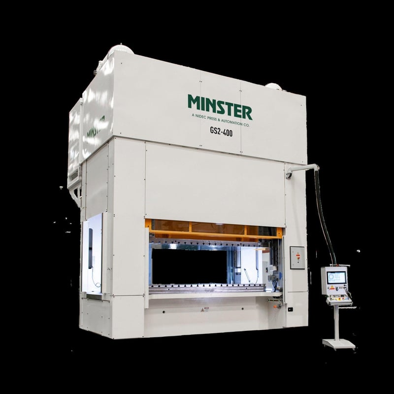 440 Ton, Minster #GS2-400-305x140-STD, straight side double crank 2-pt servo press, 13.8" stroke, 29.5" Shut