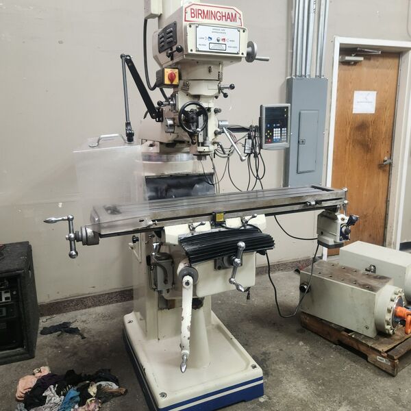 Birmingham #BPS-1649, vertical mill, 9" x50" tbl, 3 HP, 33-1/4" X, 14" Y, 15-3/4" Z, 4200 RPM, Newall dual