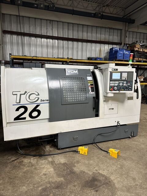 YCM #TC-26, CNC turning center, 19.7" swing, 10" chuck, 3" bar, 37.6" centers, 18.5" diameter, 27.5" length