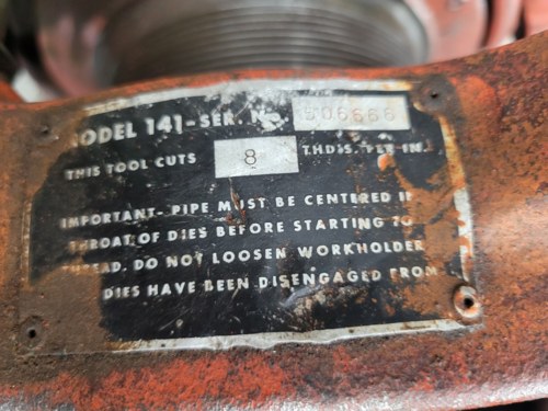 2.5" - 4" Ridgid #141, geared pipe threader, one set of dies, jam-proof for reliable power, drive pinion