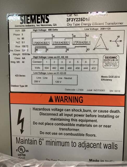 225 KVA 480 Primary 208/120 Secondary, Siemens, #3F3Y225D16, J Series ...