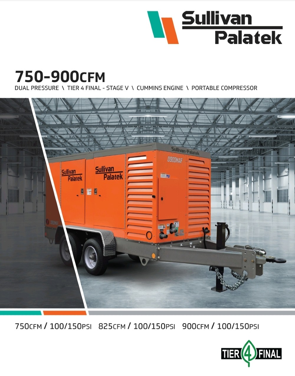900 cfm, 70-150 psig, Sullivan / Palatek #D900PH4CU5, portable diesel compressor, brand new 2024