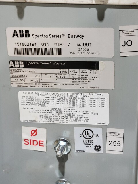 3200 Amps, ABB, 212C1002P113, Spectra Series Busway, 300
