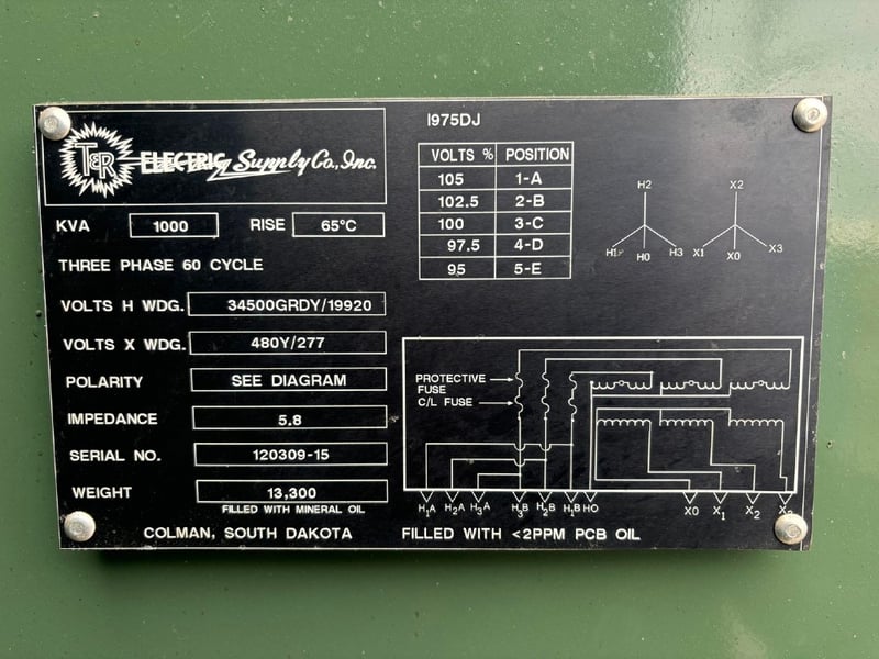 1000 KVA 34500GRDY/19920 Primary, 480Y/277 Secondary, T & R Electric, padmount transformer