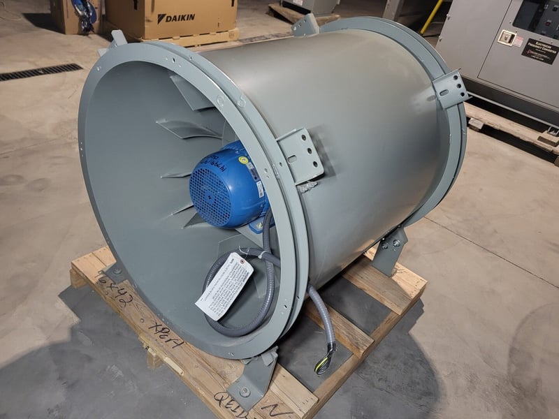 Greenheck #QEID-24-300-85-A100-X, 24" mixed flow inline fan with 10 HP electric motor, new surplus