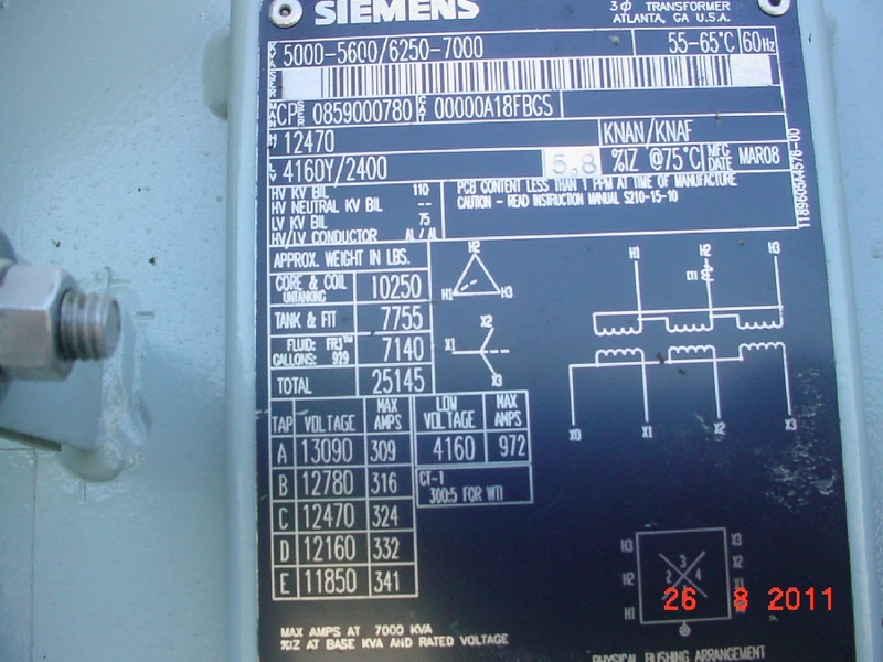 5000 KVA 12470 Delta Primary, 4160Y/2400 Secondary, Siemens, new unit