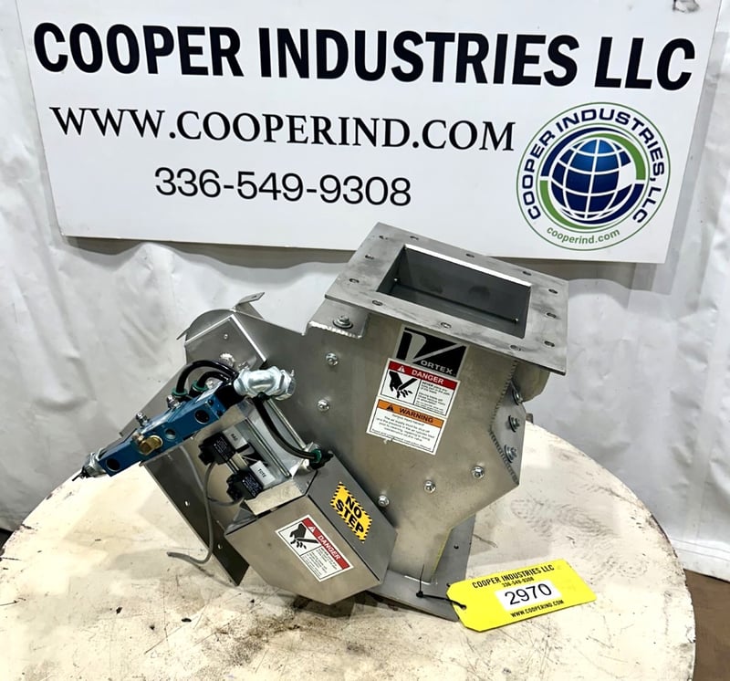 8" Vortex, Stainless Gravity Diverter Valve, Air Cylinder Actuated, 7.5" x 7.5" Inlet/Outlet, 18" tall, 12" x
