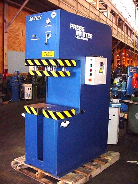 50 Ton, Press Master #CFP-50, hydraulic, 18" daylight, 12" stroke, 15 HP, 26" x14" tbl, 12" throat, #124249