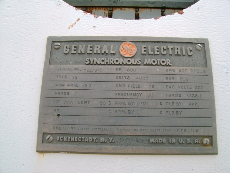 500 HP 300 RPM General Electric, Frame 6335J, TS, exc., 250 Volts, 4160 Volts (3 available)