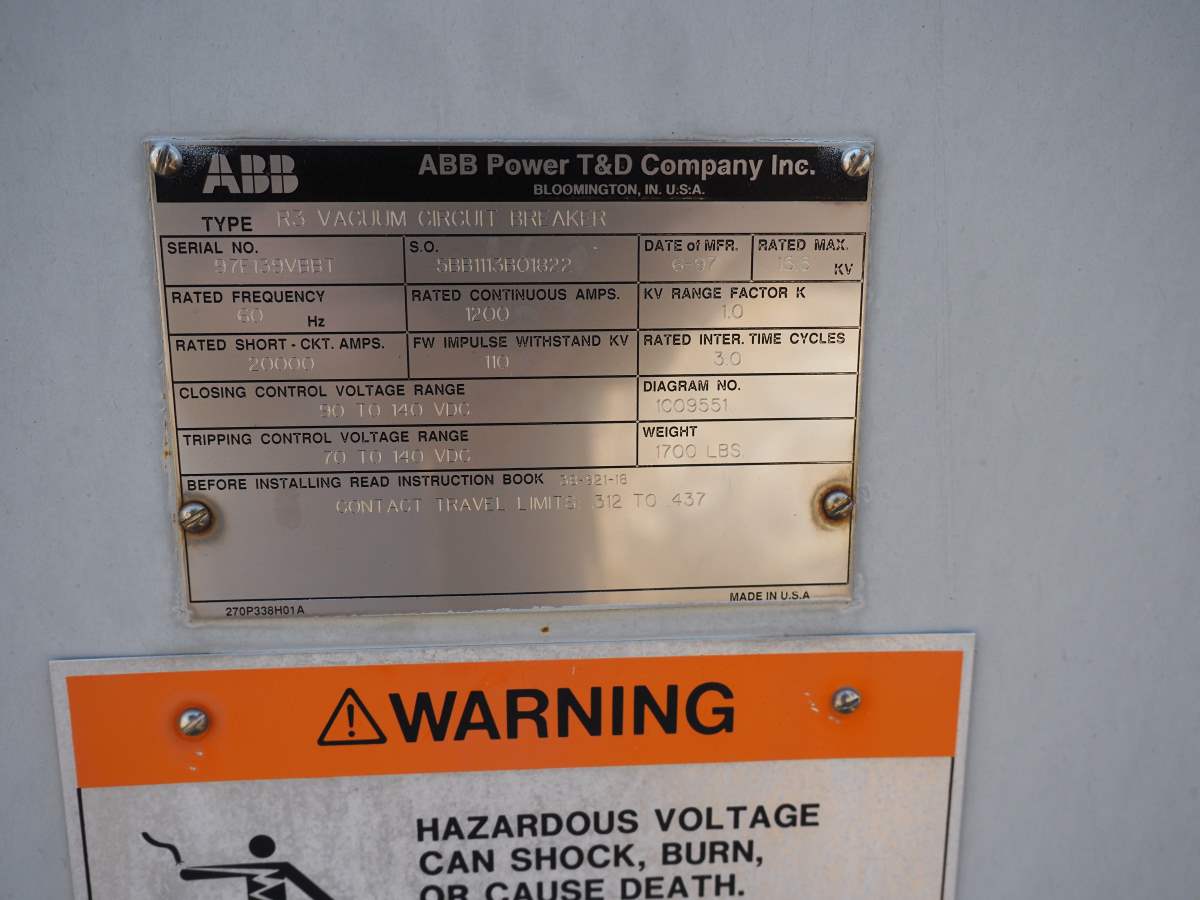 1200 Amp, ABB, R3, 15.5 KV, VACUUM, 125VDC C+T, 20kA SHORT
