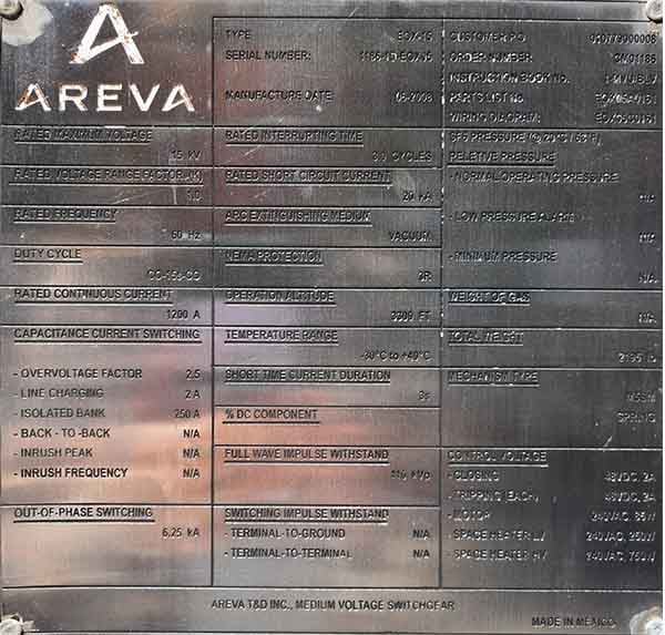 1200 Amp, AREVA, EOX-15, 15000 Volts, SUBSTATION VACUUM BREAKER