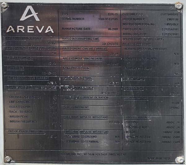 1200 Amp, AREVA, EOX-15, 15000 Volts, SUBSTATION VACUUM BREAKER
