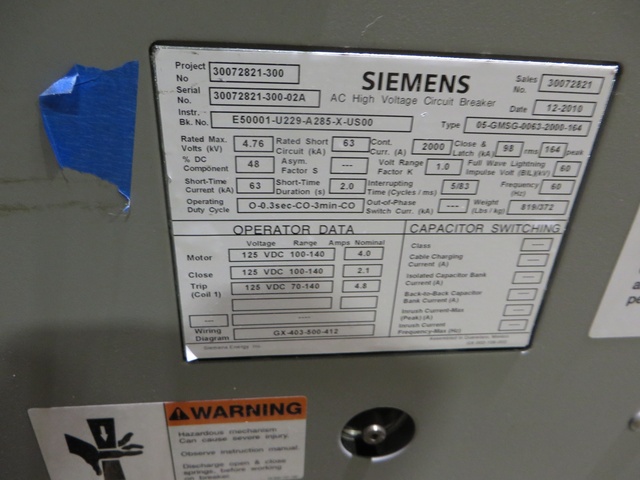 2000 Amp, SIEMENS, 05-GMSG-0063-2000-164, 4760 Volts, 2010, 125 VDC CL/TR/MOT