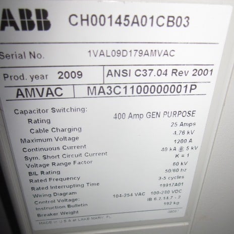 1200 Amp, ABB, AMVAC, 4160 Volts, 2009, ELECTRICALLY OPERATED, UNUSED:1