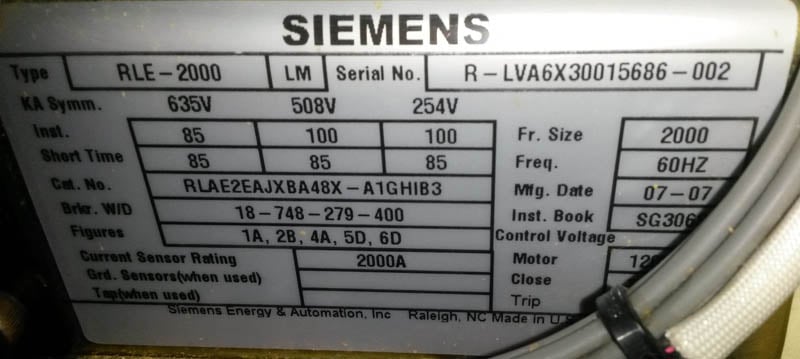 2000 Amp, SIEMENS, RLE-2000, 600 Volts, electrically operated, drawout ...