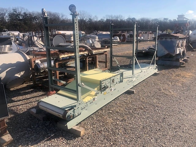 24" wide x 15' long, Hytrol, flat belt conveyor on legs with casters, with 2 HP gear head motor