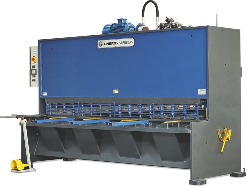 1/4" x 120" Energy Mission #HVR-312, sheet metal shears, 16 holddowns, 8-20 SPM, 10 HP, IS 2062 steel