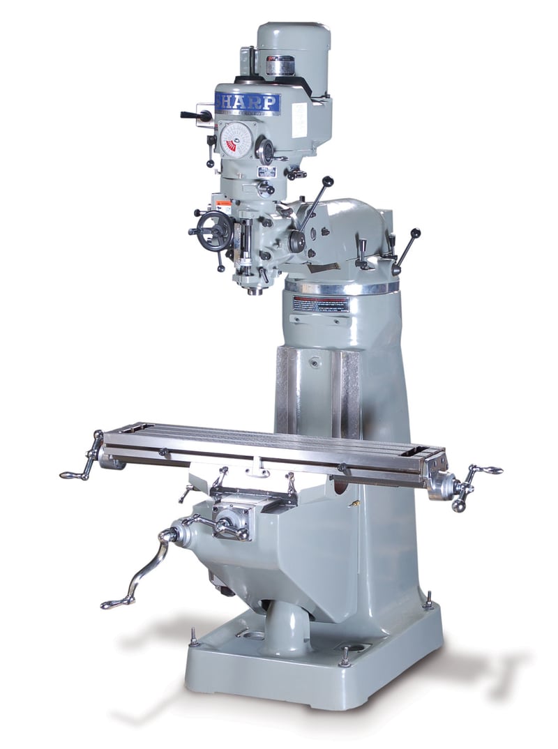 Sharp #LMV-50, Vertical Milling Machine, 9" x 50" Table, 37" X, 12" Y, 5" Z, (3) 5/8" T-Slot, 12" Ram, 16"