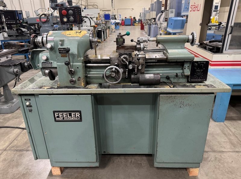 11" x 18" Feeler #FTL-618E, 6-1/2" swing over cross slide, inch threading, 1.25" bore, 5" chuck, 5C collets