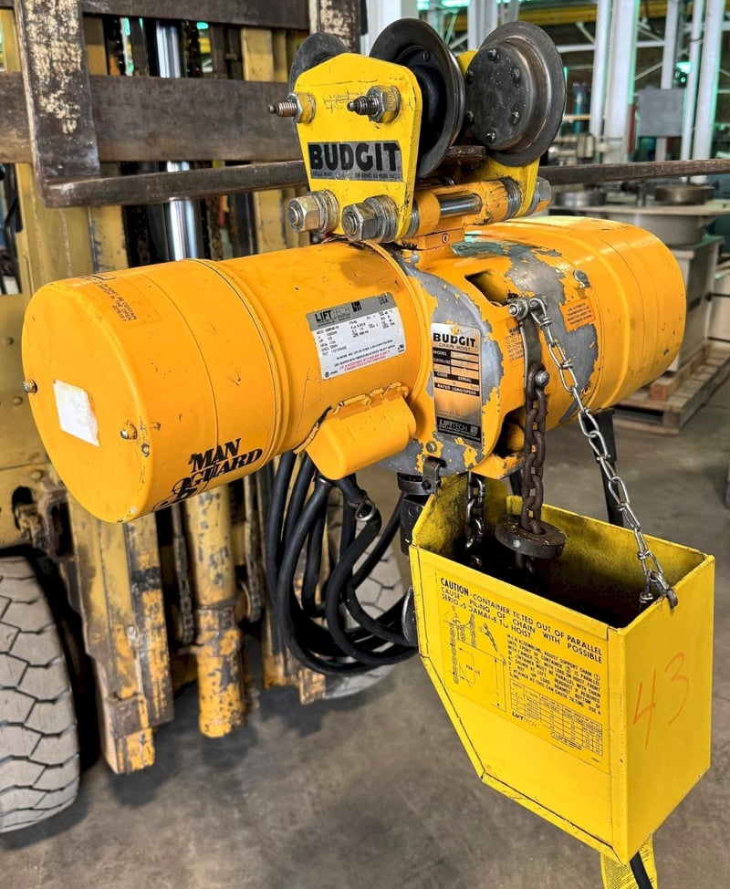 1/2 Ton, Budgit #11689016, electric chain hoist, 1/2 HP, 16 FPM, chain bucket, pendant Control, push trolley