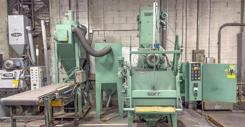 3 cu.ft. Goff #3BB, rubber belt tumblast, 7.5 HP wheel, shot trap, dust collection system, upgraded pneumatic