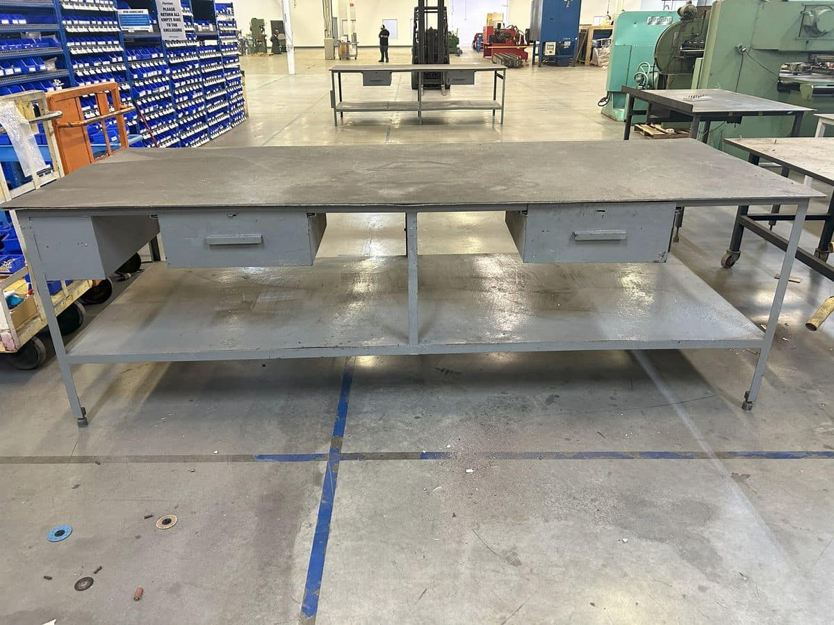 Heavy duty metal steel frame table with drawer, 10' L x 4' W x 39" H table, plastic table top cover
