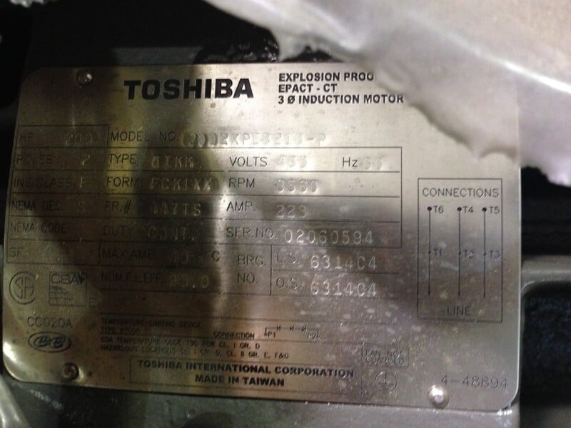200 HP 3600 RPM Toshiba, Frame 447TS, explosion proof, new surplus, 460 Volts