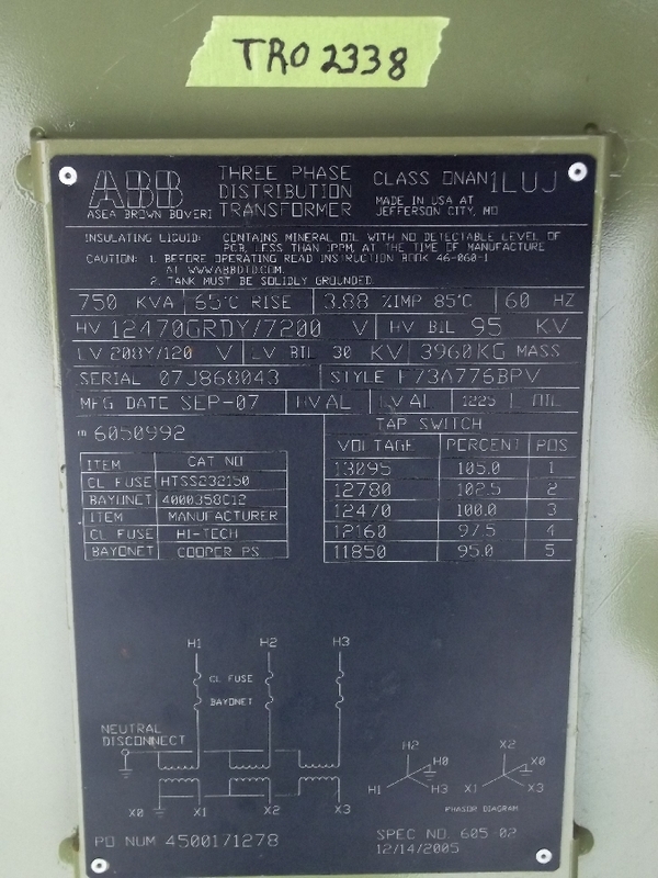 750 KVA 12470Y/7200 Primary, 208Y/120 Secondary, taps 2-2.5a+bn (4 available)