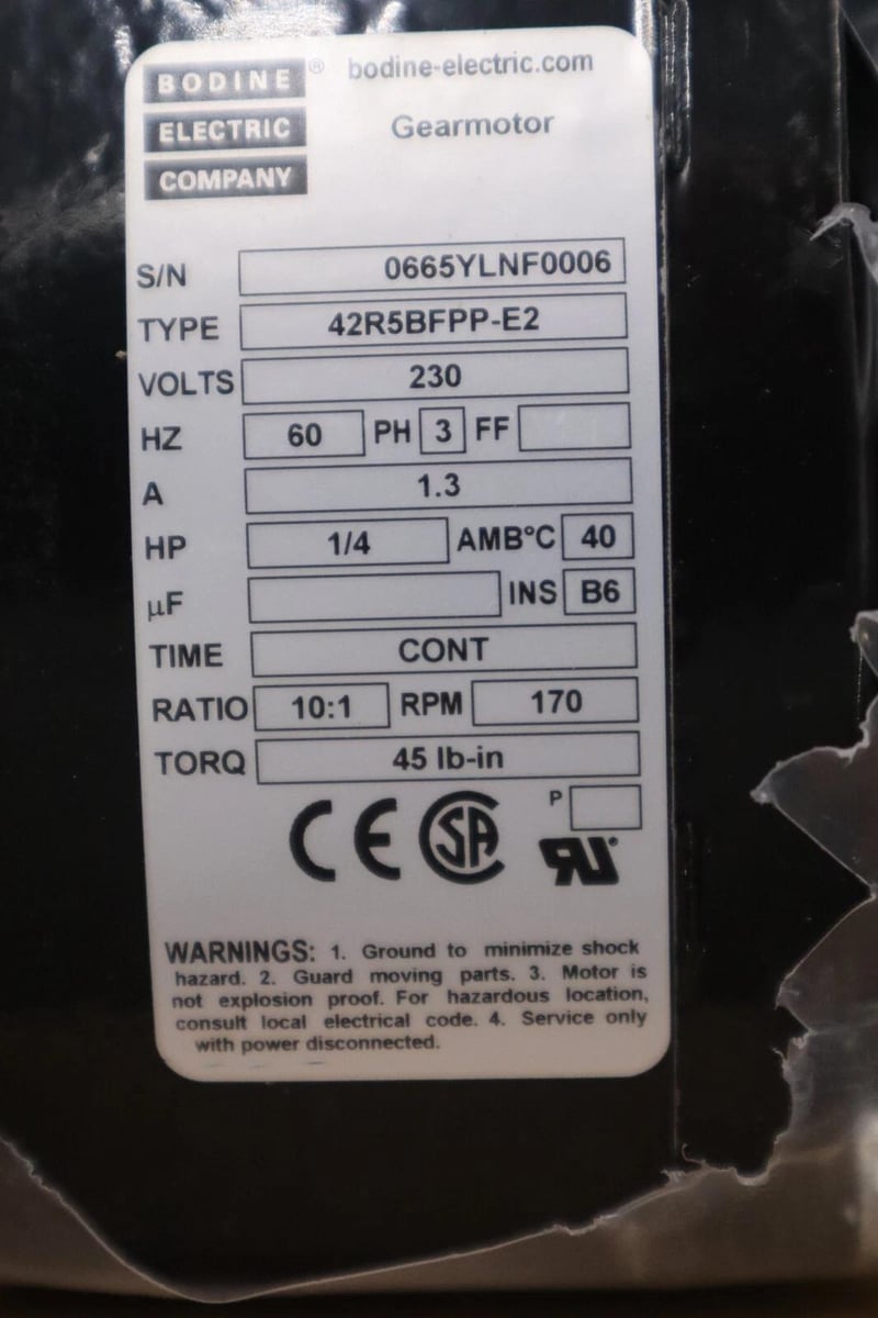 Bodine gear motor 42r5bfpp-e2 230V 3PH 1/4HP 10:1 170 RPM NEW UNIT STOCK H220