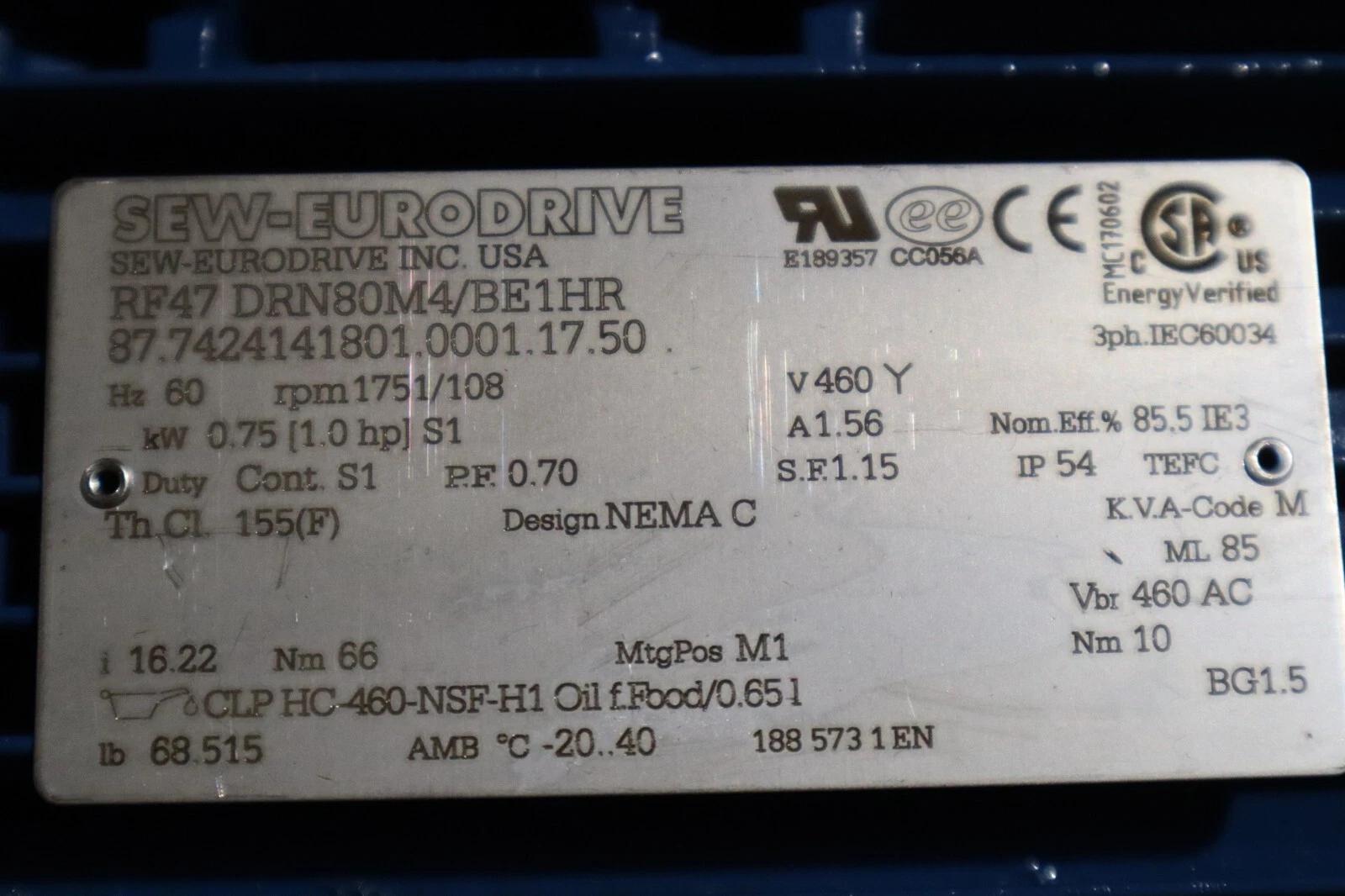 NEW SEW EURODRIVE RF47 DRN80M4/BE1HR HELICAL GEAR MOTOR STOCK H817 For ...