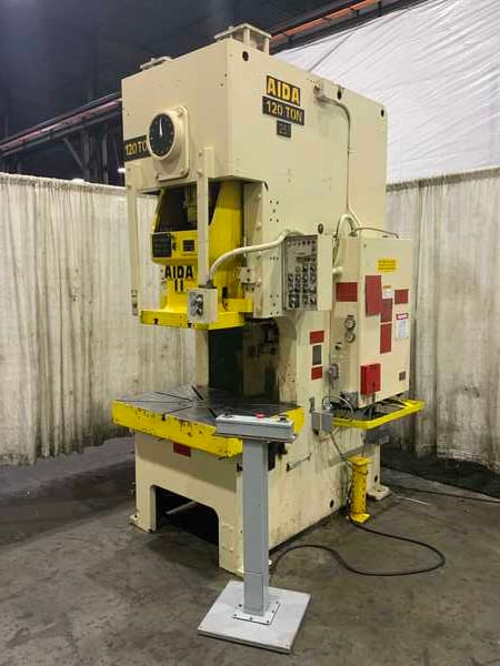 110 Ton, Aida #NC1-112, gap frame press, 7" stroke, 13.7"Shut Height, 50 SPM, 10 HP, air clutch & brake, 1983