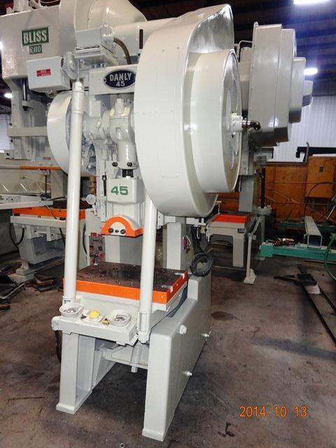 45 Ton, Danly, OBI press, 3" stroke, 11-1/2" Shut Height, 2-1/2"ram adj., 28" LR x 18" FB bed,air clutch &