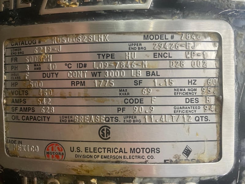 500 HP 1775 RPM U.S. Motors HO500S2SLHX, Frame 5008PH, weather protected enclosure type 1, 460 Volts, rebuilt