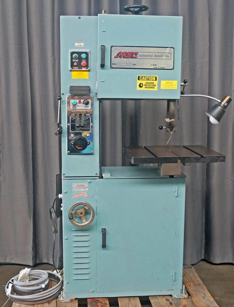 18" x 10" MSC #09514639, vertical band saw, 5/8" x 140" blade, 82-384 FPM, 20" x22" table, blade welder &