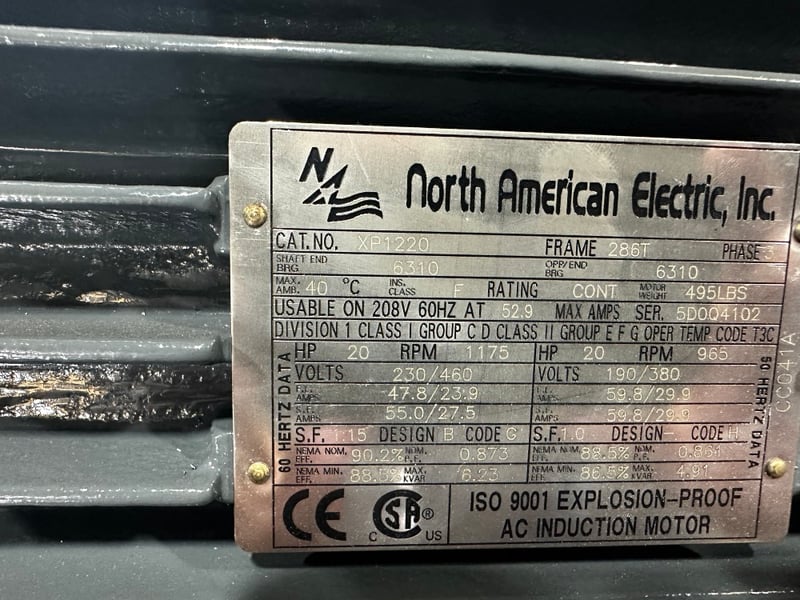 20 HP 1200 RPM North American, Frame 286T, TEFC, 230/460 Volts, explosion proof, new