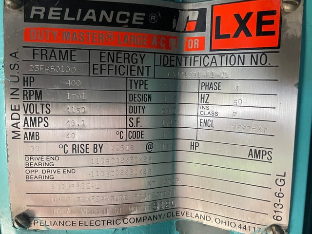 400 HP 1800 RPM Reliance, Frame 5010D, TEFC BB, 4160 Volts