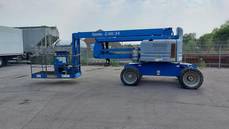 500 lb. Genie #Z6034, zoom boom, 4 x 4, dual fuel (LPG or gas), 60' platform height, 36' reach, 2011