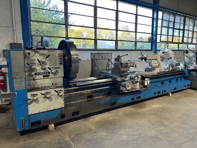 43" x 160" Poreba #TRP110/4M, engine lathe, 32" swing over cross slide, inch/metric, 4-jaw 39.5" chuck, live