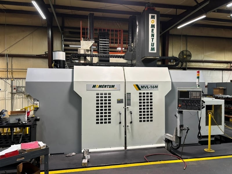 62.9" Momentum #MVL-16M, CNC vertical turret lathe w/ milling, 78.74" sw, 16 ATC, Fanuc OITC, 3-Axis, chip
