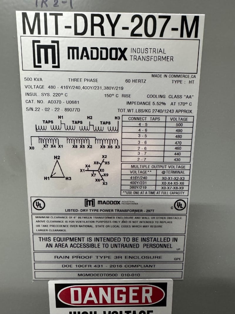 500 KVA 480/416Y Primary, 400Y/380Y Secondary, Maddox, Nema 1, Dry-Type, With-Taps