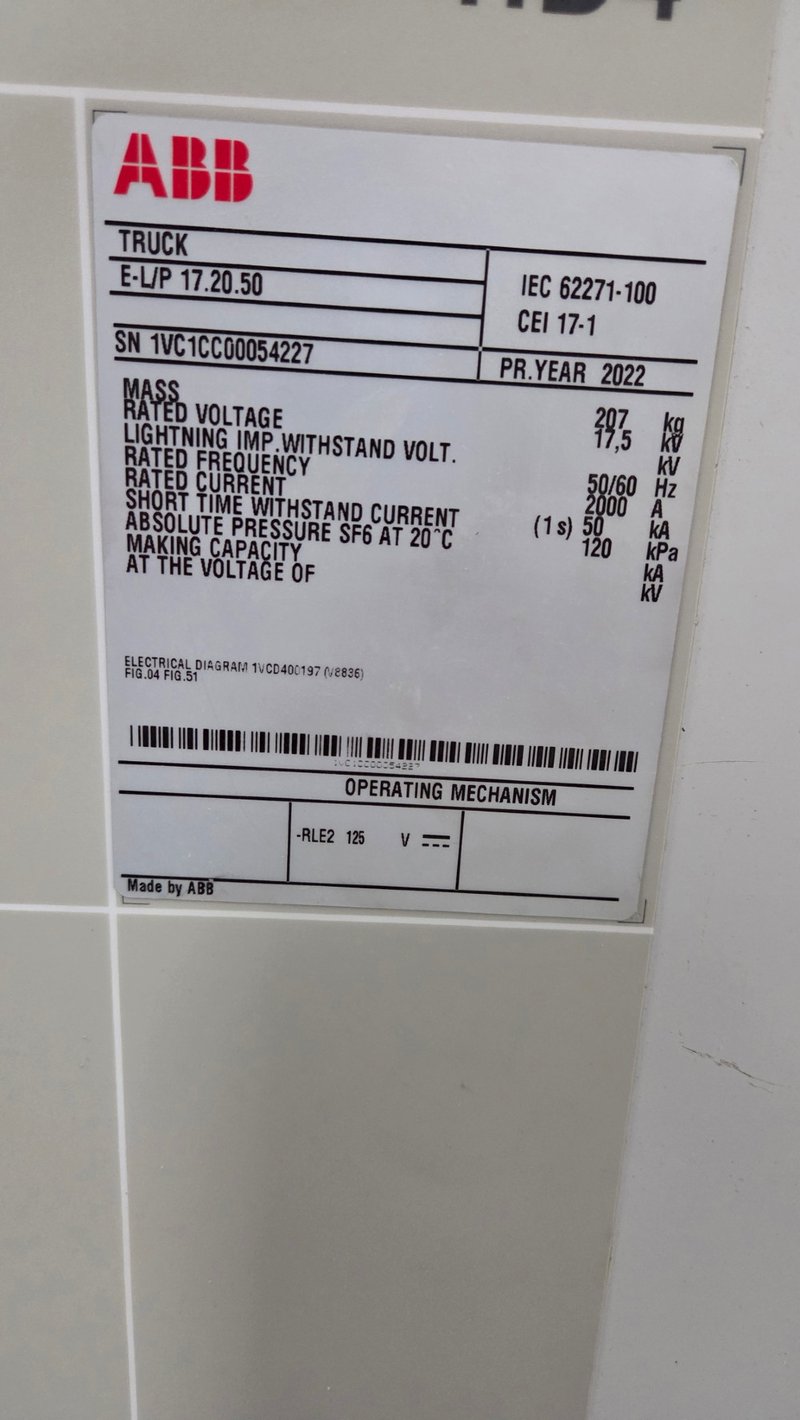 2000 Amps, ABB, SF6, Earthing truck, Surplus, top or bottom cubicle use, Qty 4