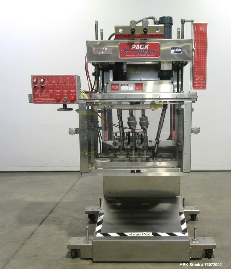 Pack West #Auto-120-Torquer, Inline 6-Spindle Capper, 25-150 CPM, Stainless Steel, w/ hopper & sorter, 230 V.