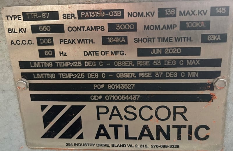 3000 Amp. Pascor, TTR-8V, 145 kv, Horizontal mount, Unused