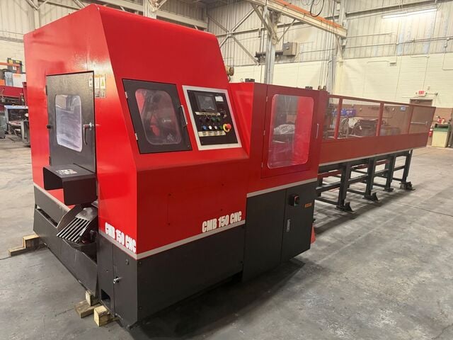 Amada #CMB-150, circular cold saw, 18.1" x 1.97" x 0.11" blade, 140 RPM, 15 HP, mist coolant, chip conveyor