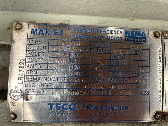 300 HP 3600 RPM Teco Westinghouse, Frame 449TSC, TEFC BB, 460 Volts
