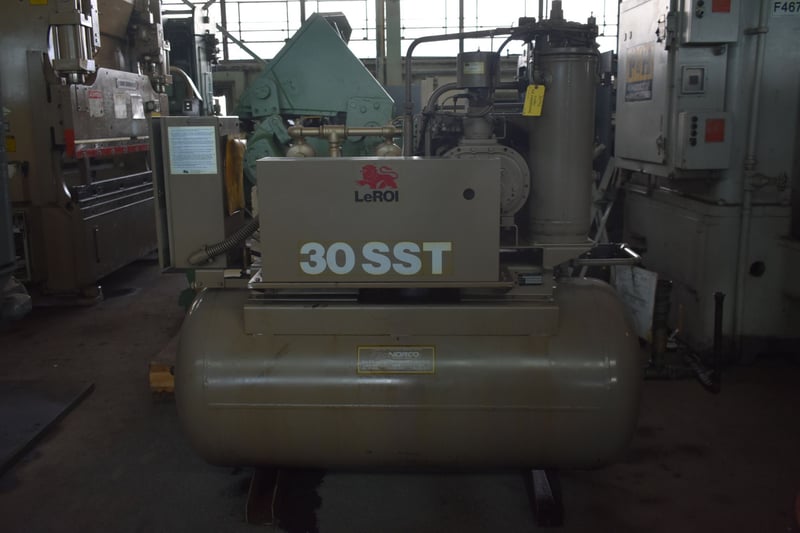 100 psi, Leroi #W30SST, horizontal rotary screw air compressor w/storage tank, 30 HP, 230-460 V.