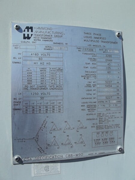3200 KVA 4160Y Primary, 1250 Delta Secondary, Multi pulse transformer ...
